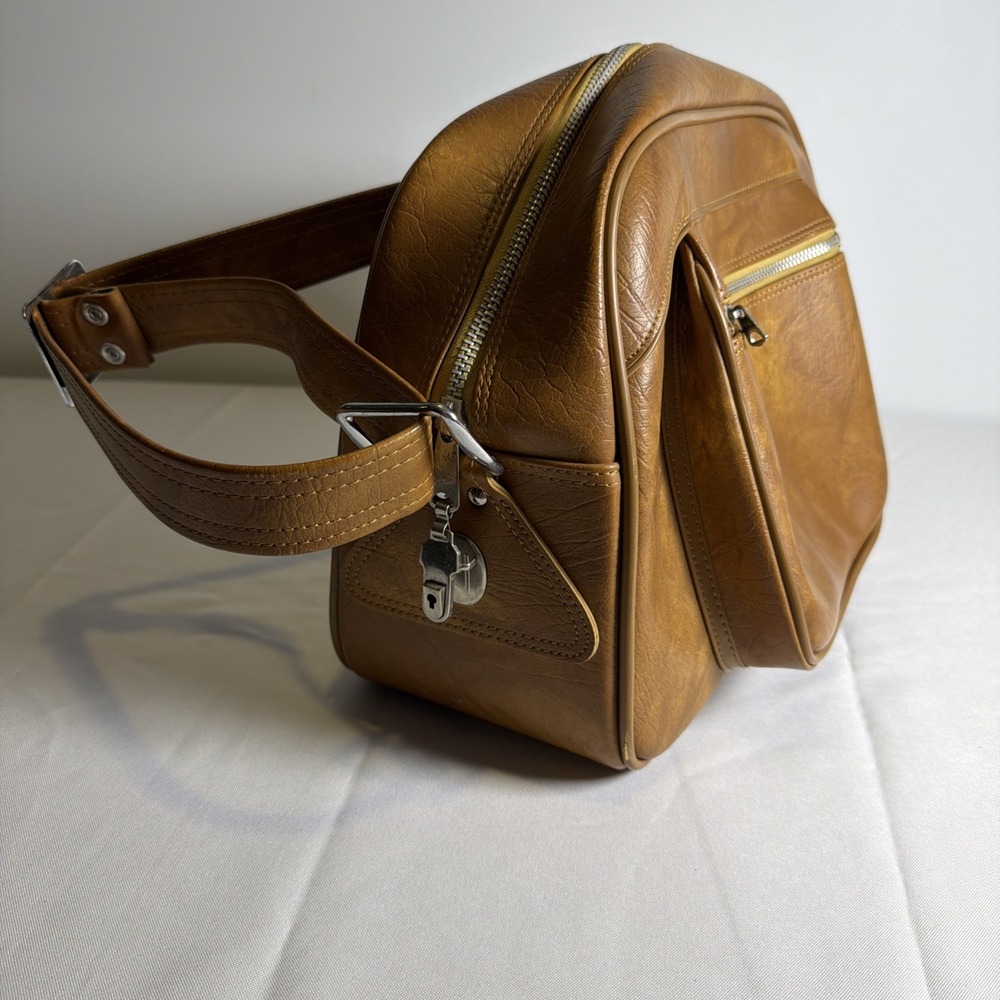 Vintage American Tourister Brown Tan Leather Shoulder Bag travel Carry On Bag - Picture 2 of 16